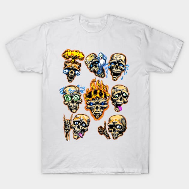 Flaming Silly Skull Faces T-Shirt by Shawnsonart